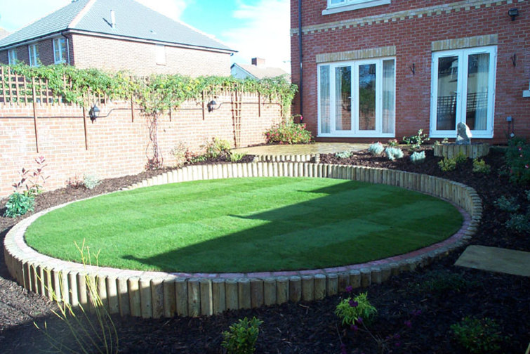 lawn, sloping garden, retaining wall, planting, garden design