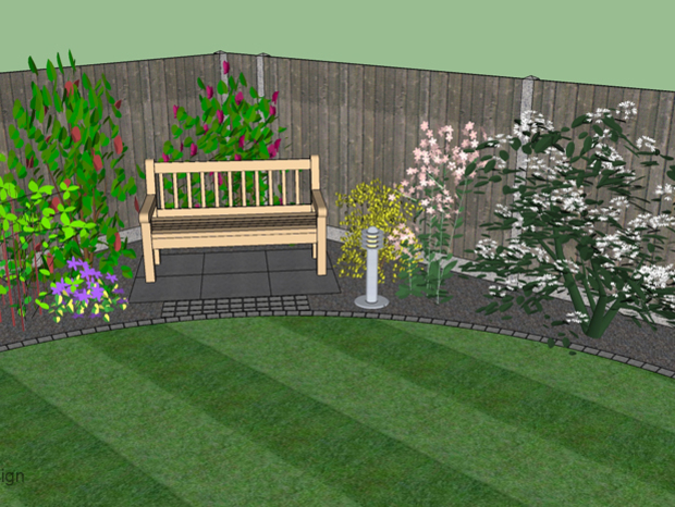 A small corner of a 3D garden design showing planting surrounding a seating area fronted by lawn.