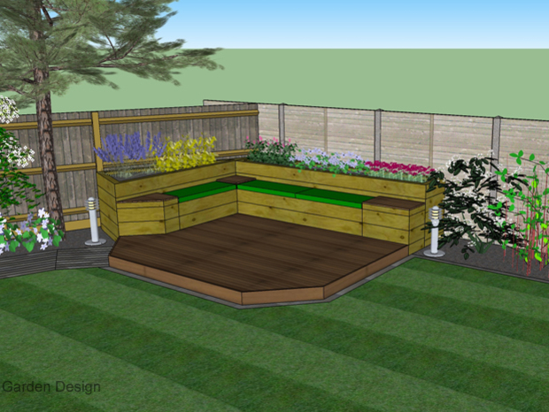 A small corner of a garden design showing a combination seating and planting area with a timber deck plinth.