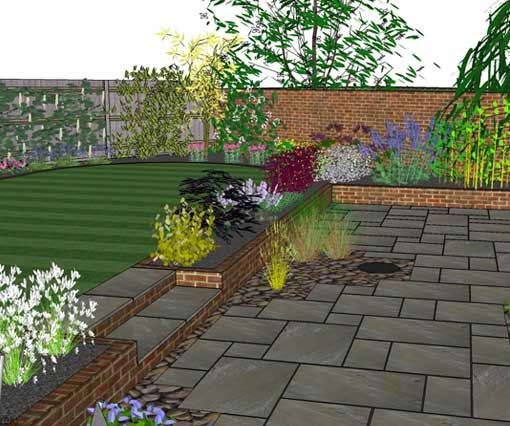 garden design, paving, 3d, planting, fencing, lawn, edges