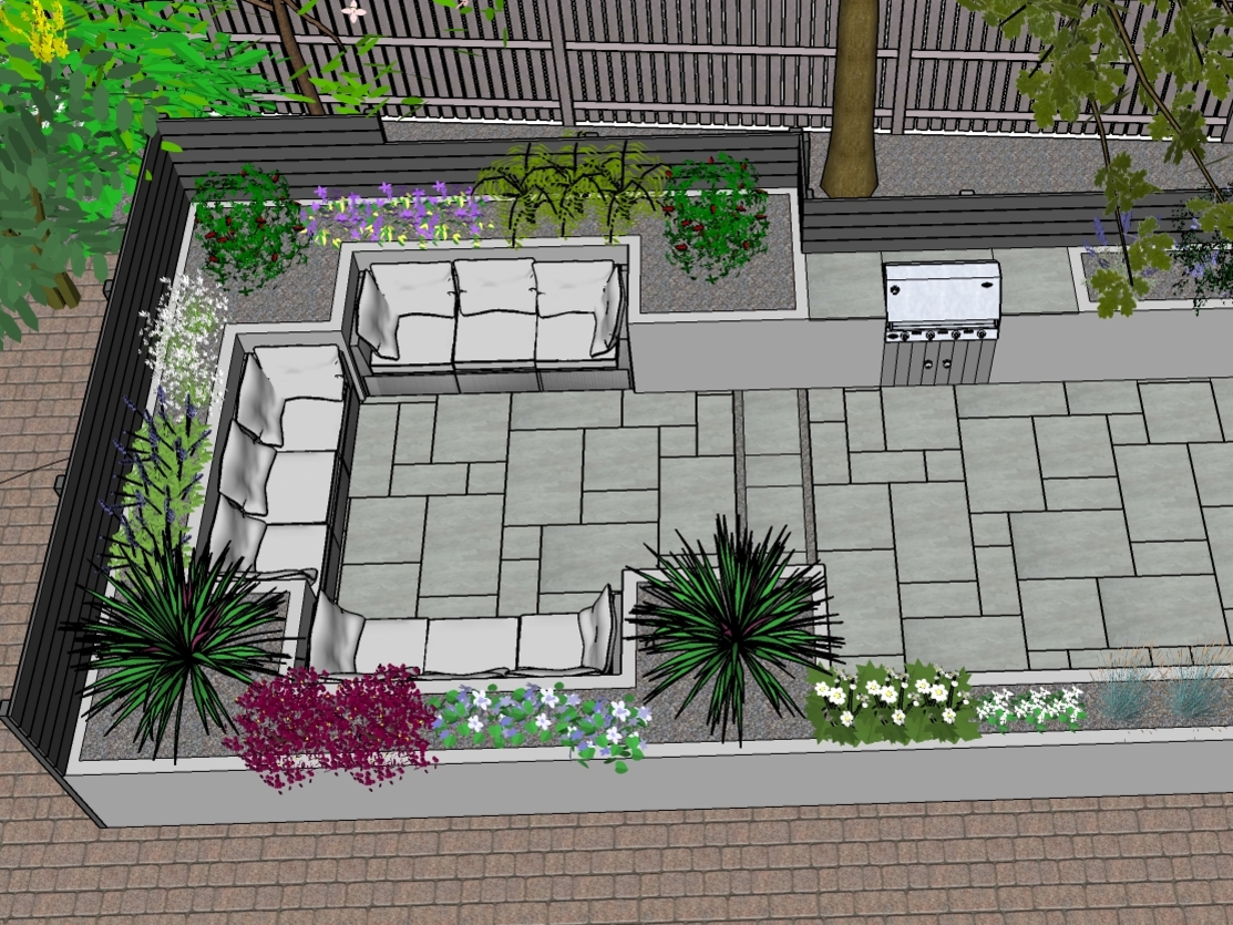 A 3D garden design showing a seating area with raised beds, planting, barbeque, screening, paving