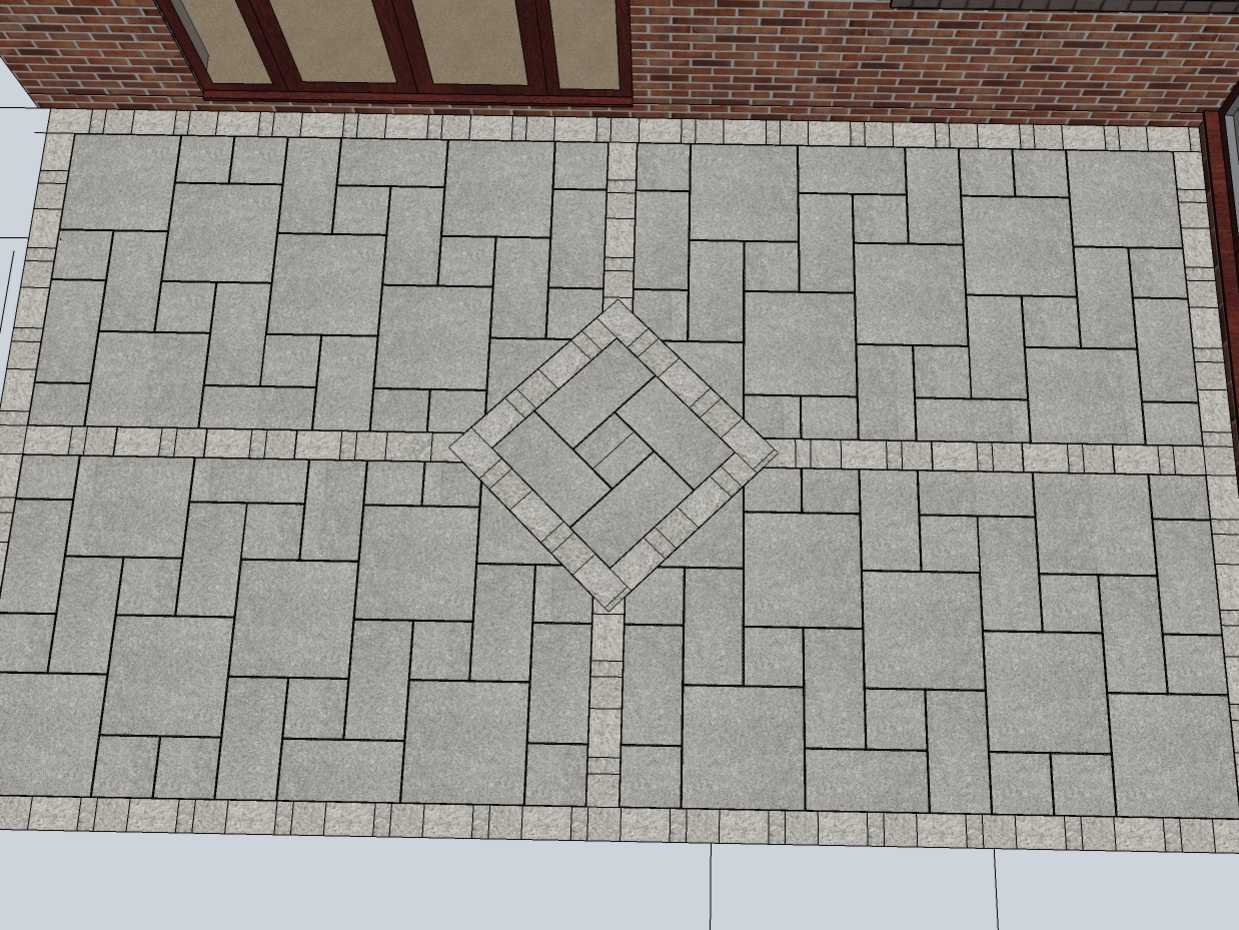 A draft example of a patio design using a mirrored tudor pattern for the paving slabs and block paviours to creat the four quadrants.