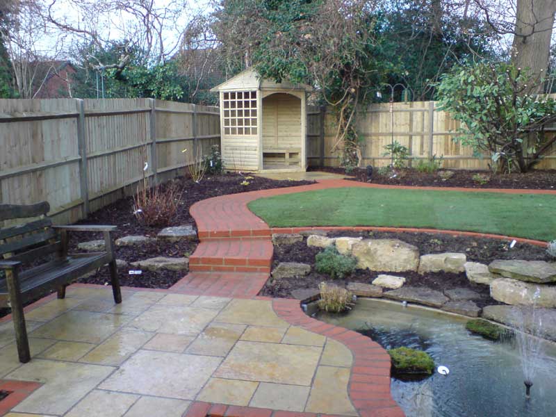 garden design, paths, patio, stone wall, pond, water feature, rockery, planting, lawn