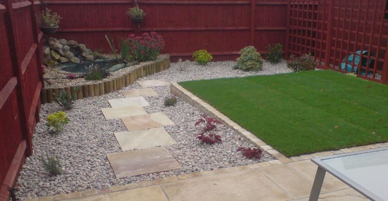 stone paving, lawn, sloping garden, levelling