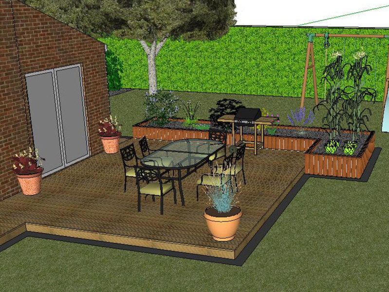 An early garden design showing a timber deck with raised bed and brick edging.