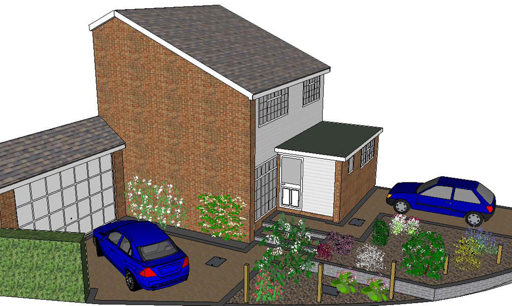 3d garden design, drive, steps, planting, walling