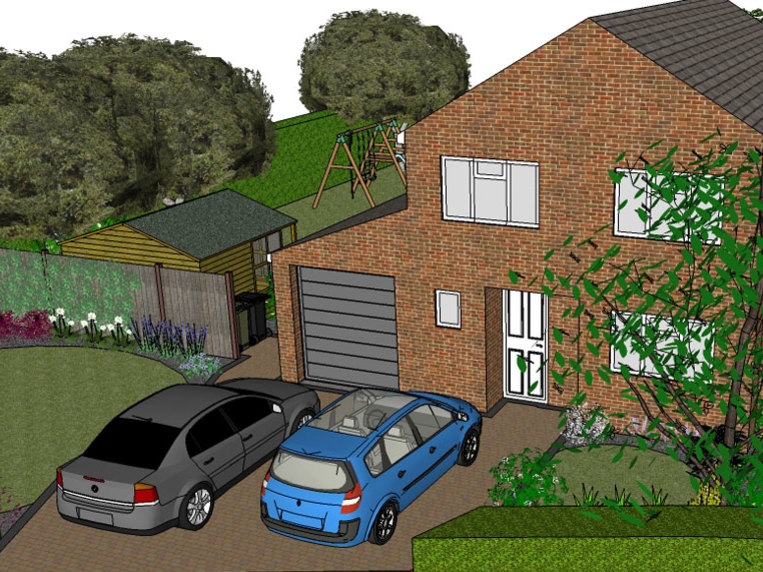 Part of a front garden design showing a drive with new lawn and borders either side. 