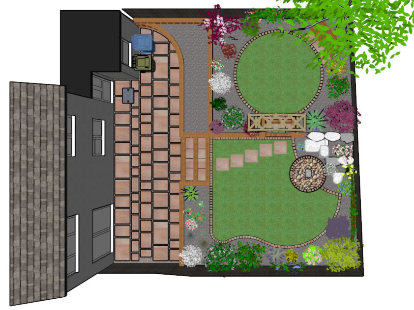 An overhead view of a rear garden design including patio, retaining walls, lawn, brick edging, planting and a water feature.