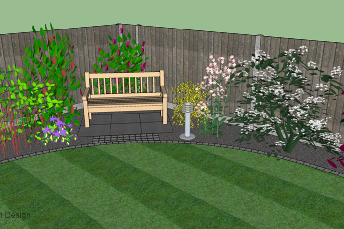 3d garden design, seating area, planting, lawn, border, lawn edge