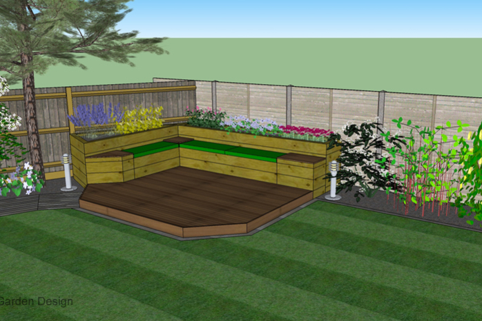 seating area, 3d garden design, lawn, tree, planting