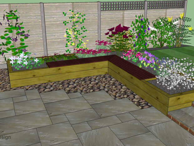Another garden design showing a seating area built in to a raised bed surrounding a paved patio. This helps solve several issues at once including the slope up to the lawn.
