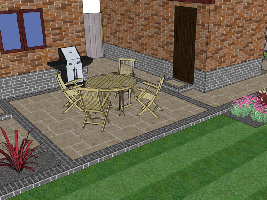 A 3d garden design showing paving, brick wall, lawn, patio, limestone slabs