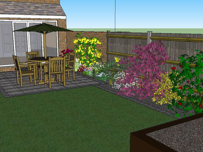 A corner of a garden design showing a new patio with brick edged borders and a raised vegetable garden. 