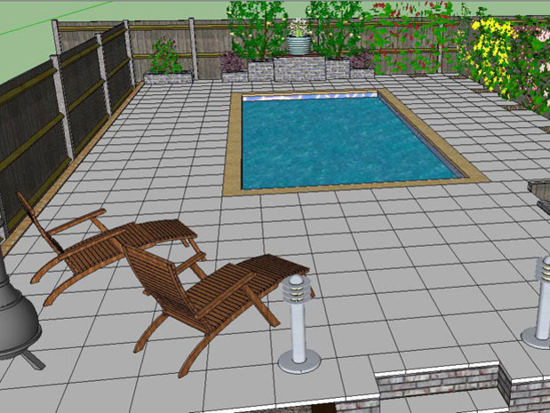 Part of a garden design showing a swimming pool, fencing and large patio