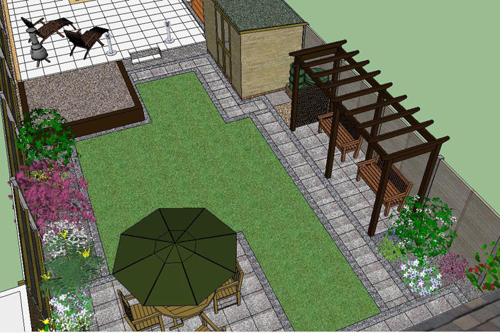 pergola, vegetable garden, raised bed, path, patio, garden design