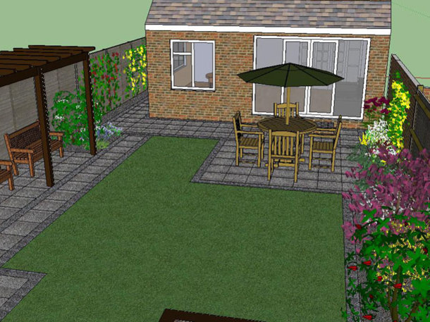 Part of a large garden design showing paving, planting, pergola, lawn and seating