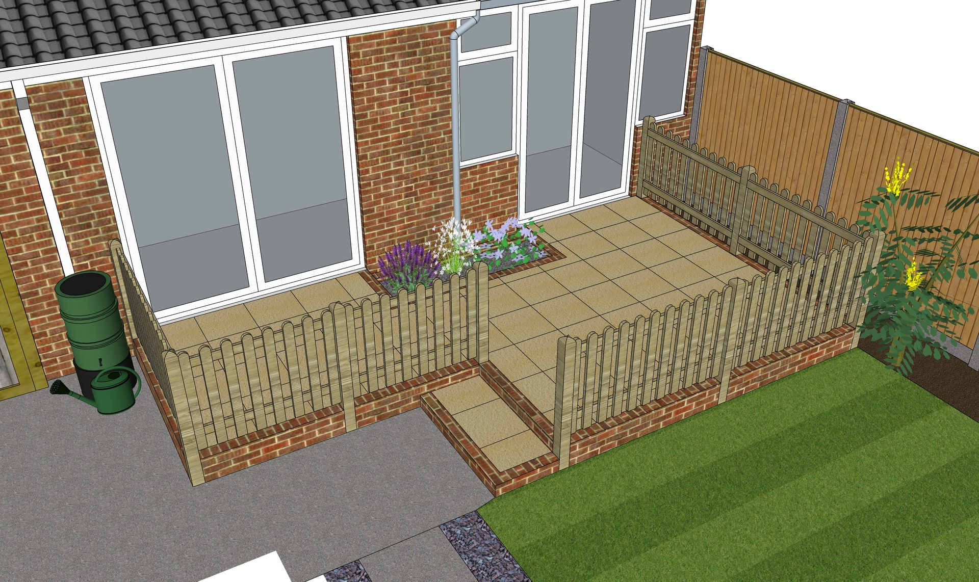 Small raised patio with balustrade and steps