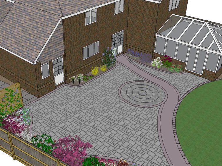 Part of a large garden design showing a large patio with a cicular paved feature and a curved path leading further down the garden.