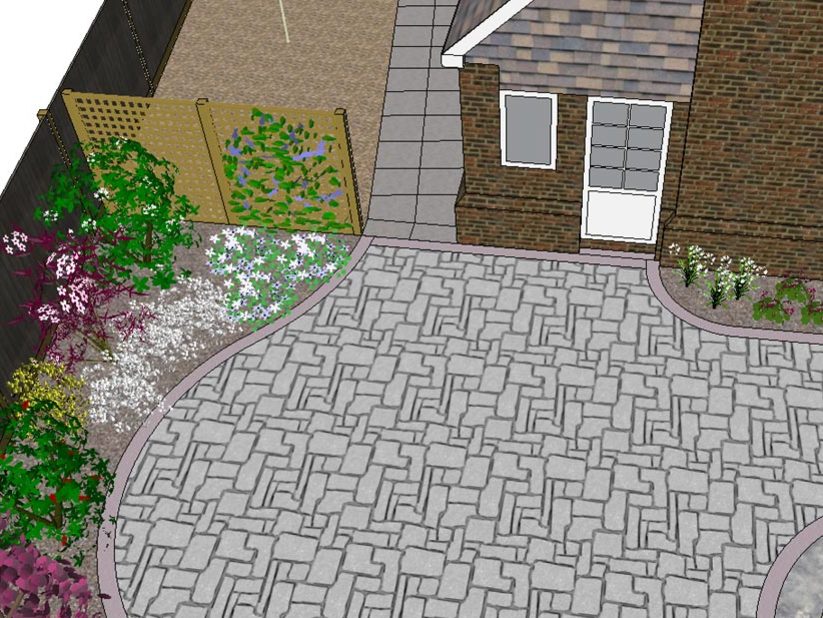 A garden design showing a large patio leading to a side path heading towards the garage. Planting softens the boundaries and the trellis screen provides initial privacy whilst the plants mature.