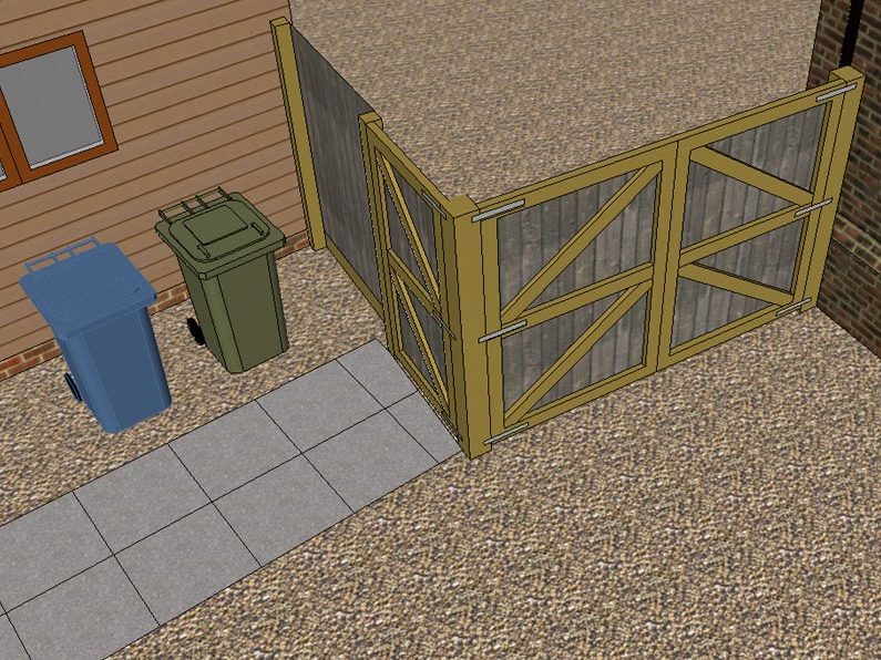 A design of a fence and gate arrangement providing double gates to access a boat storage area and a pedestrian gate for easy access to take the bins out.