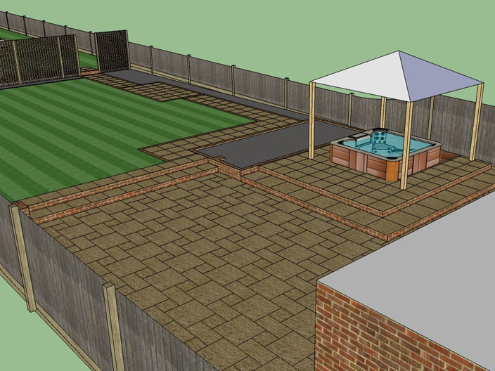 Part of a draft design showing the basic layout of the design including paving, steps, paths, screening, fencing and the existing hot tub.